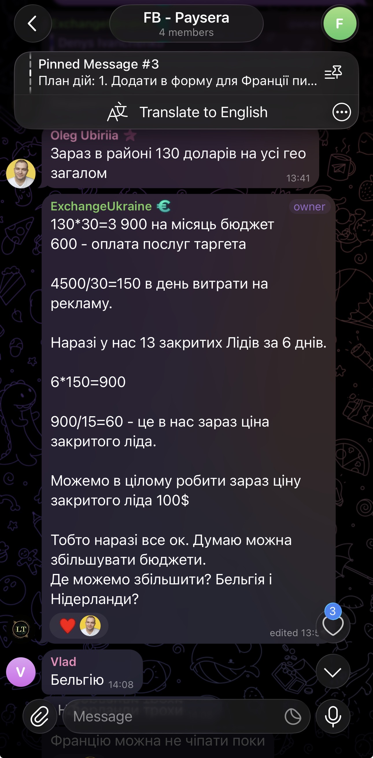 Відгук клієнта в Telegram: ціна закритого ліда $60, можна збільшувати бюджети